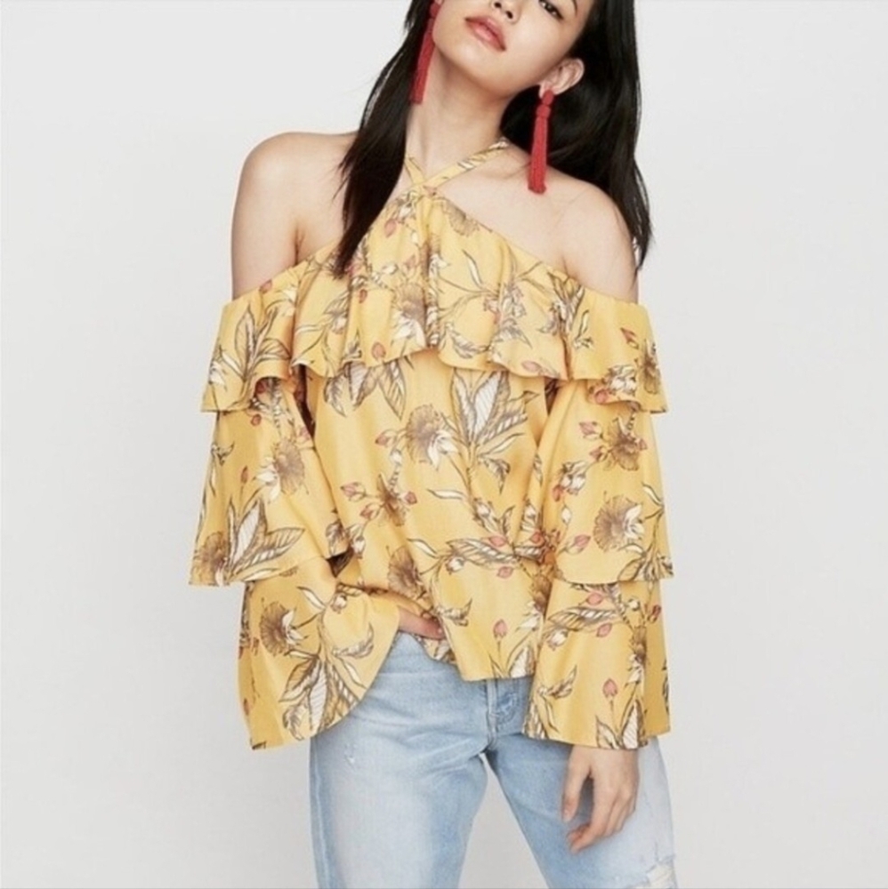 Express Floral Off The Shoulder Ruffle Blouse Size XL Yellow Boho Bell Sleeve